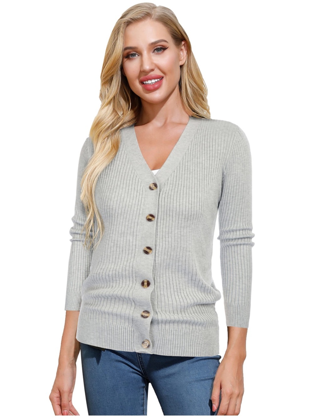 Grace Karin Gray Ribbed Knit V Neck Button Front Cardigan Sweater Women’s size S